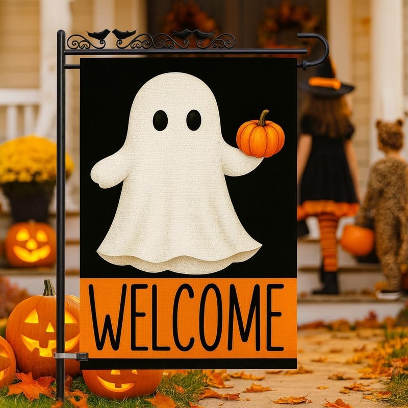 KarvePro Welcome Halloween Garden Flag 12x18 – Spooky Double Sided Burlap Yard Flag for Outside with Ghost & Pumpkin – Weatherproof Fall Outdoor Decor - Image 2